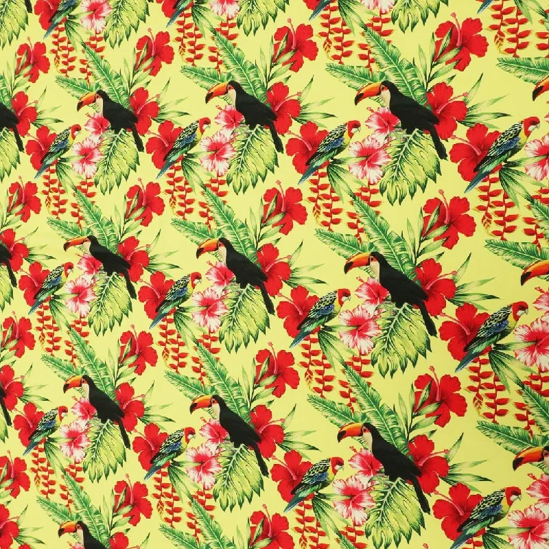 Lime Yellow Background with Multicolored  Leaves and Birdie Printed Fabric Y2K unclassified dresses