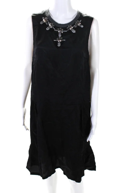 Marni Womens Beaded Round Neck Sleeveless Zip Up Mid-Calf Dress Black Date night unclassified dresses