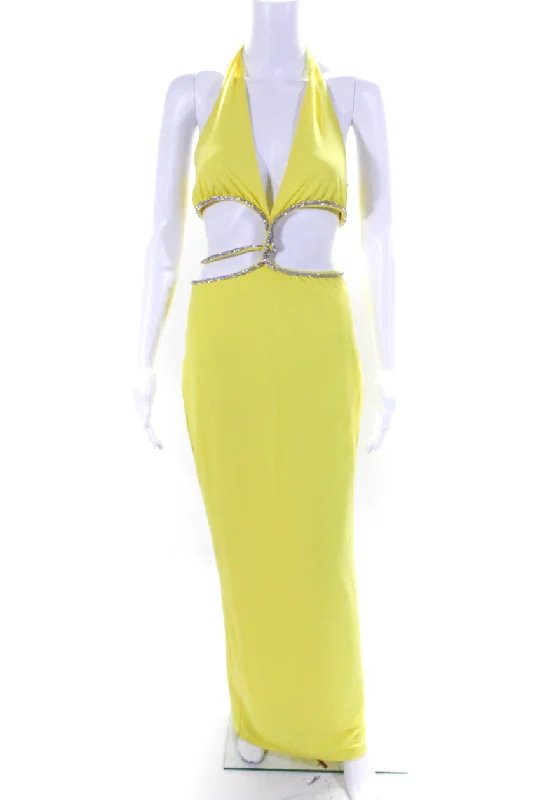 Meshki Womens Jeweled Cut Out Sleeveless Evening Gown Yellow Satin unclassified dresses