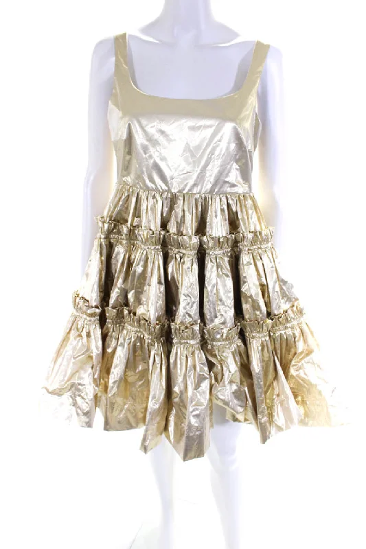 Molly Goddard Womens Lame Gathered Tiered Strap Dress - Gold Embroidered unclassified dresses