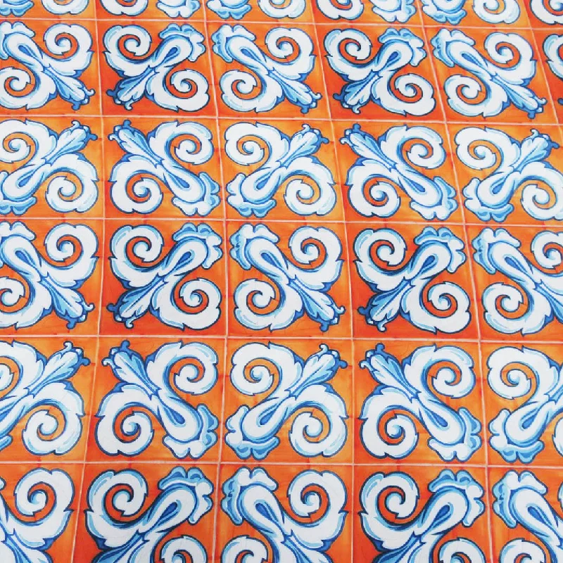 Orange Background with Blue and White Arabesque Printed Fabric Lightweight unclassified dresses