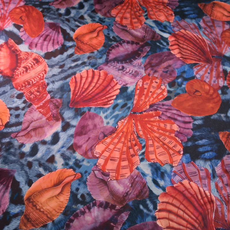 Orange Shells on Purple Ground Printed Silk Charmeuse Fabric Stretchy unclassified dresses