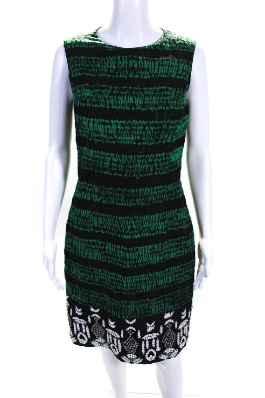 Oscar de la Renta Womens Abstract Jacquard Sheath Dress Black Green Ruffled unclassified dresses