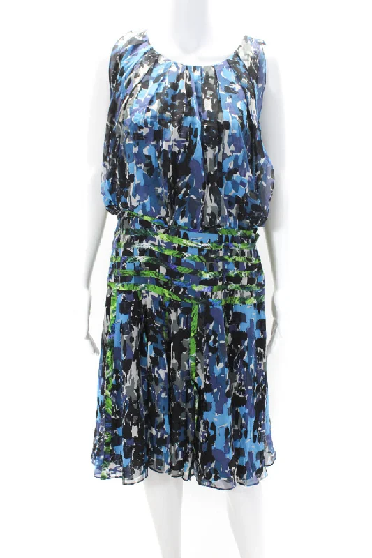 Oscar de la Renta Womens Chiffon Sleeveless A Line Dress Blue Green Halter unclassified dresses