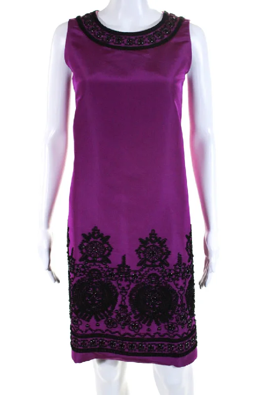 Oscar de la Renta Womens Embroidered Sleeveless Shift Dress Purple Black Satin unclassified dresses