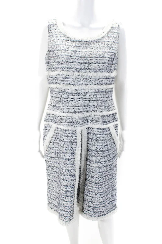 Oscar de la Renta Womens Tweed Fringe Sleeveless Sheath Dress Blue White Floral unclassified dresses