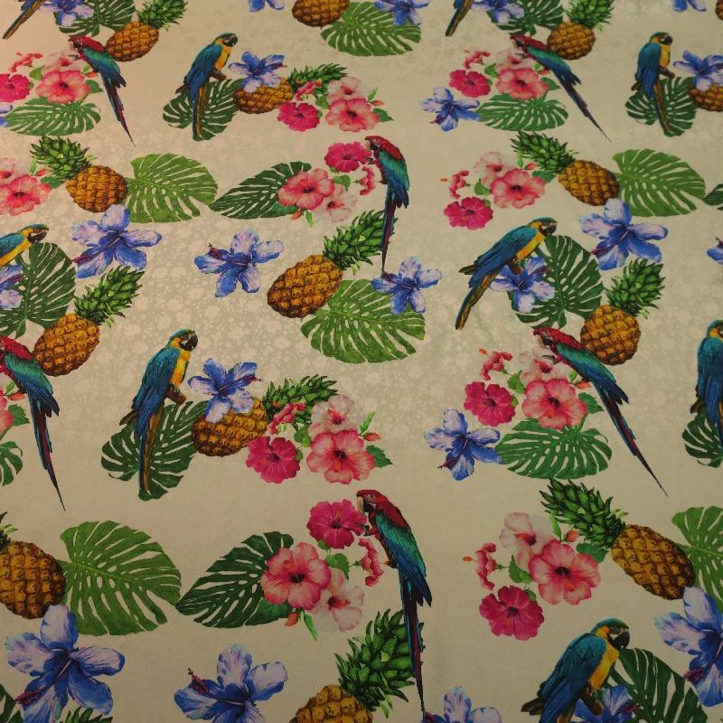 Parrots and Pineapples with a Light Ivory Background Printed Silk Charmeuse Fabric Spring unclassified dresses