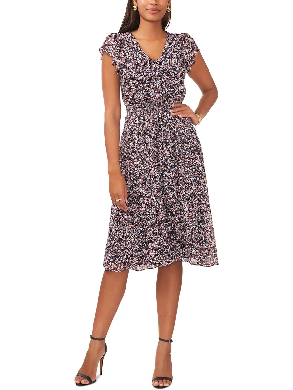 Petites Womens Printed Midi Fit & Flare Dress Lace Trim Midi