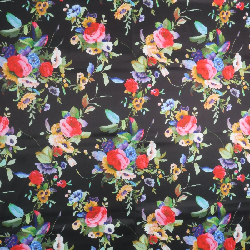 Pink and Red Roses on Black Background Printed Polyester Mikado Fabric Winter unclassified dresses