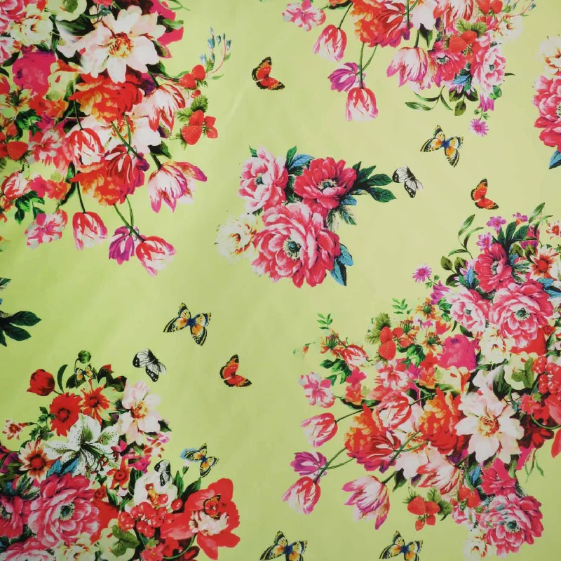 Pink Roses on Yellow Background Printed Polyester Mikado Fabric Lightweight unclassified dresses