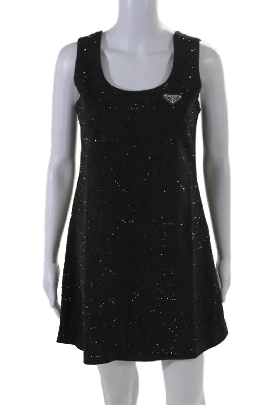 Prada Womens Cotton Black Bedazzled Scoop Neck Sleeveless A-Line Dress Soft fabric unclassified dresses