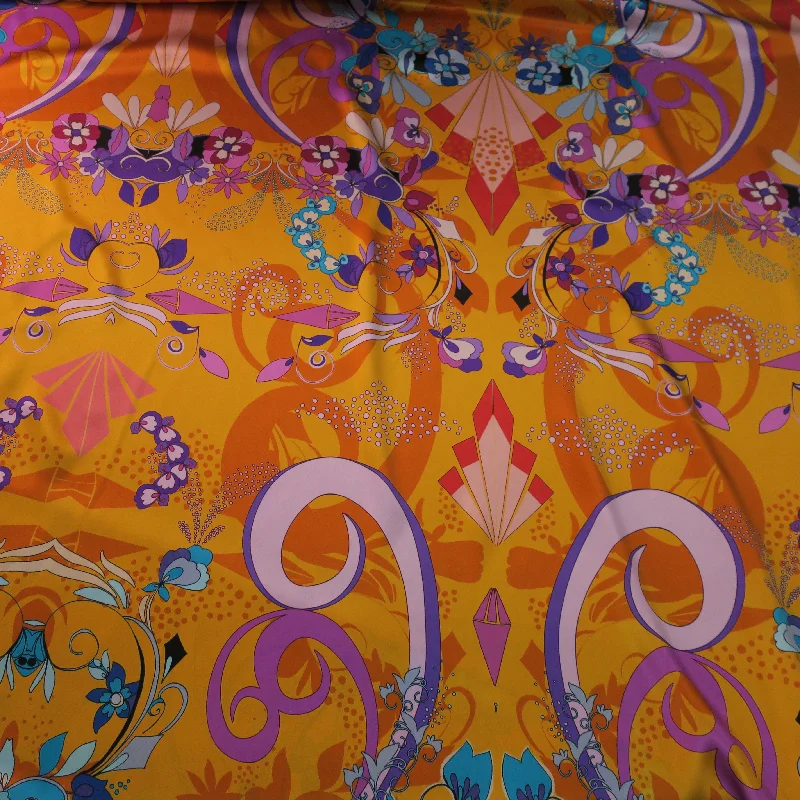 Purple Geometric Pattern on Orange Ground Printed Silk Charmeuse Fabric Bright color unclassified dresses