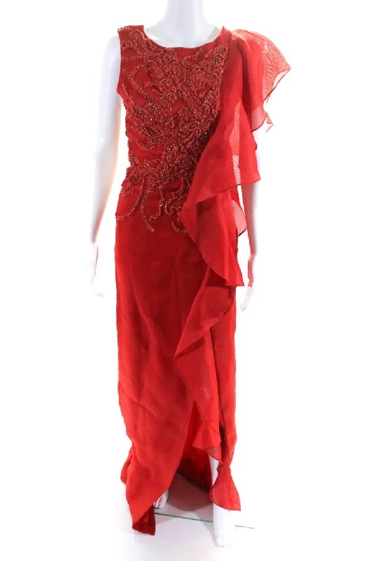 Rafael Cennamo Couture Women's Sleeveless Embellished Ruffle Gown Red Beaded unclassified dresses