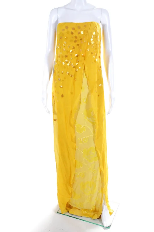 Rafael Cennamo Womens Back Zip Embellished Silk Sweetheart Gown Yellow Long sleeve unclassified dresses