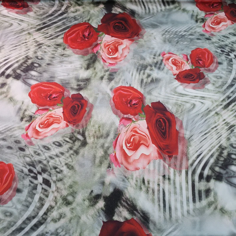 Red Rose on Abstract Grey Ground Silk Charmeuse Fabric Office unclassified dresses