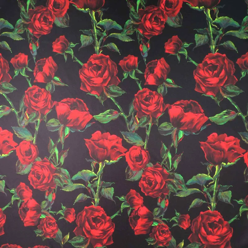 Red Roses on Black Background Printed Polyester Mikado Fabric Club unclassified dresses