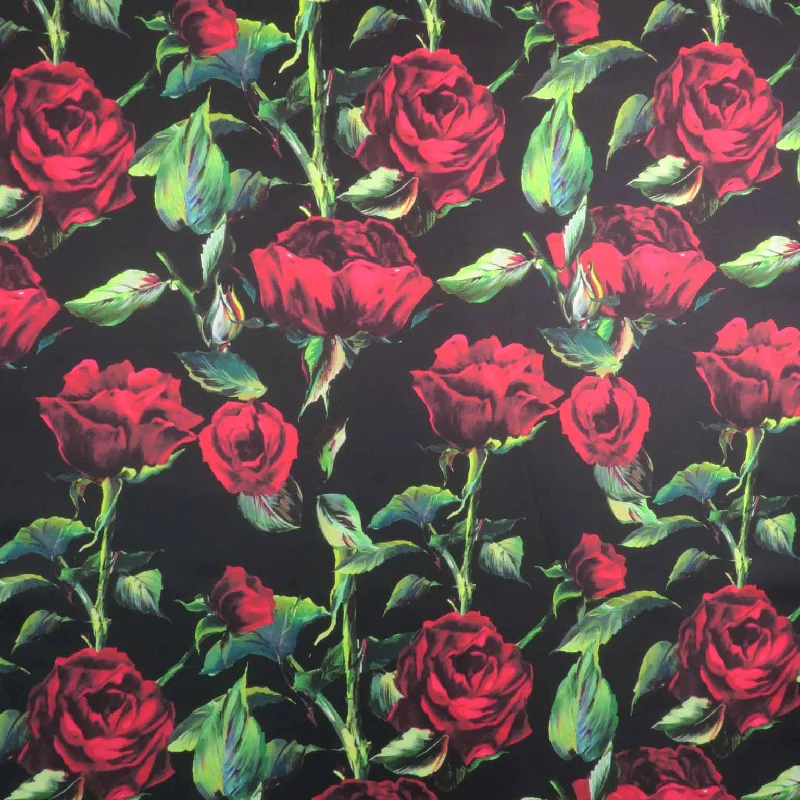 Red Roses on Black Background Printed Polyester Mikado Fabric Anniversary unclassified dresses