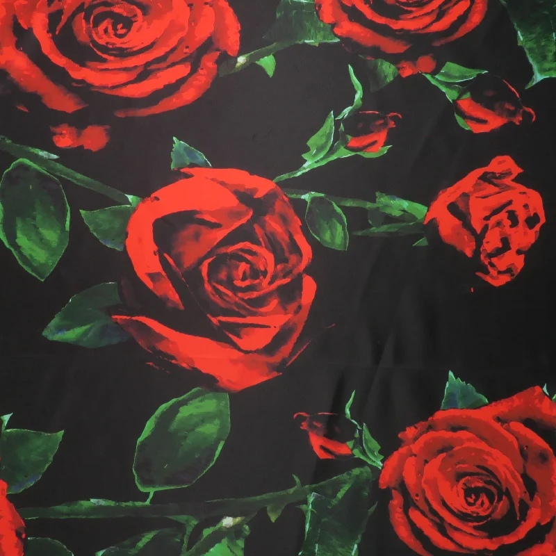 Red Roses on Black Background Printed Polyester Mikado Fabric Beach unclassified dresses