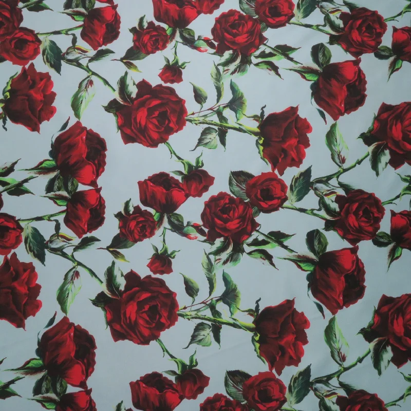 Red Roses on Blue Background Printed Polyester Mikado Fabric Party unclassified dresses