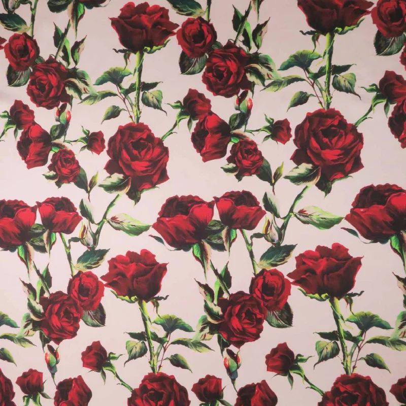 Red Roses on Pink Background Printed Polyester Mikado Fabric Fall unclassified dresses