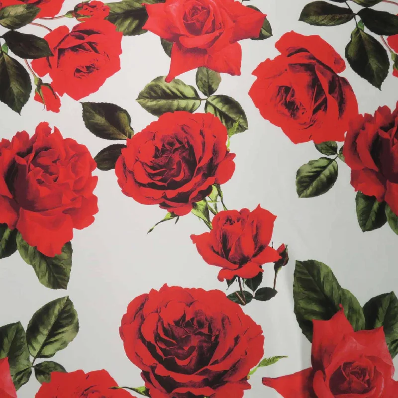 Red Roses on White Background Printed Polyester Mikado Fabric Vacation unclassified dresses