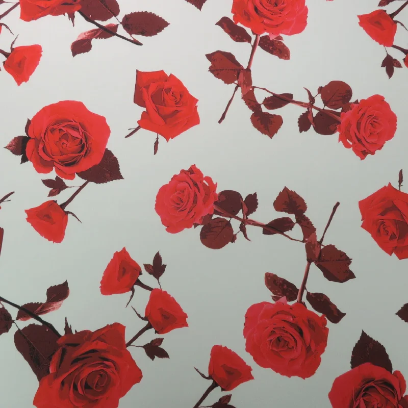 Red Roses on White Background Printed Polyester Mikado Fabric Lounge unclassified dresses