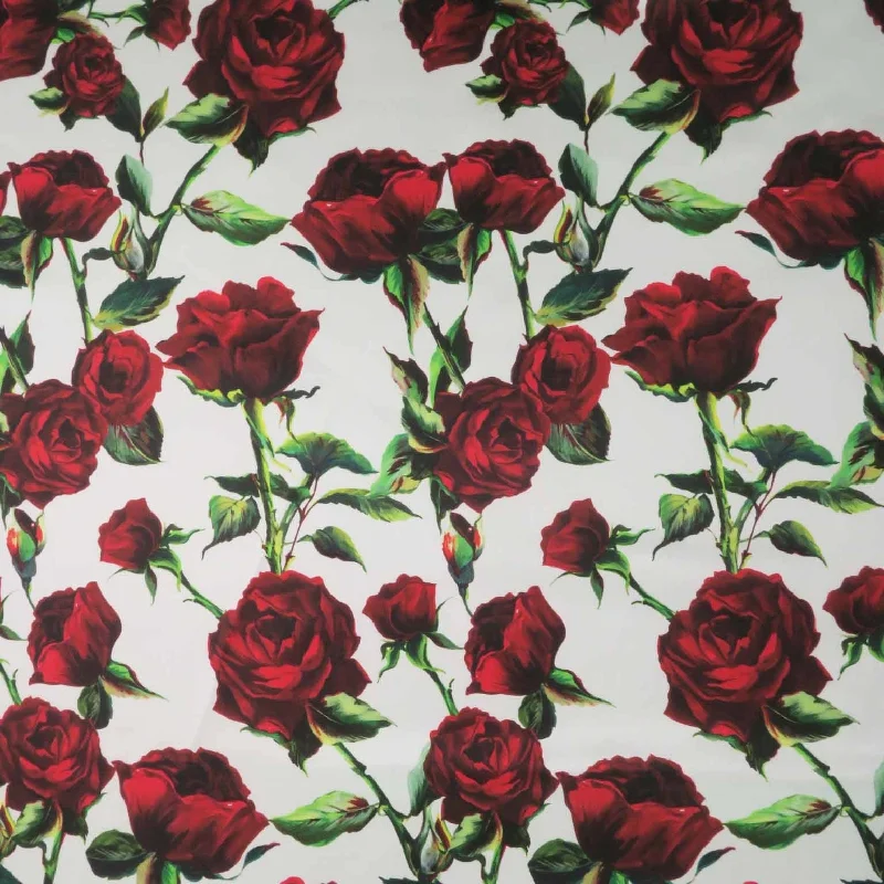 Red Roses on White Background Printed Polyester Mikado Fabric Wedding guest unclassified dresses