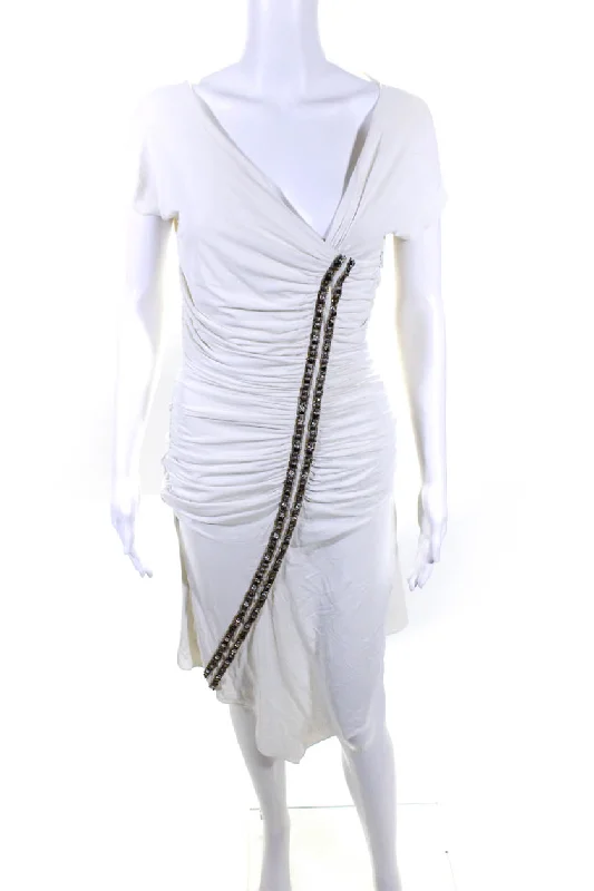 Roberto Cavalli Womens Jeweled Ruched V Neck Dress White Cotton unclassified dresses