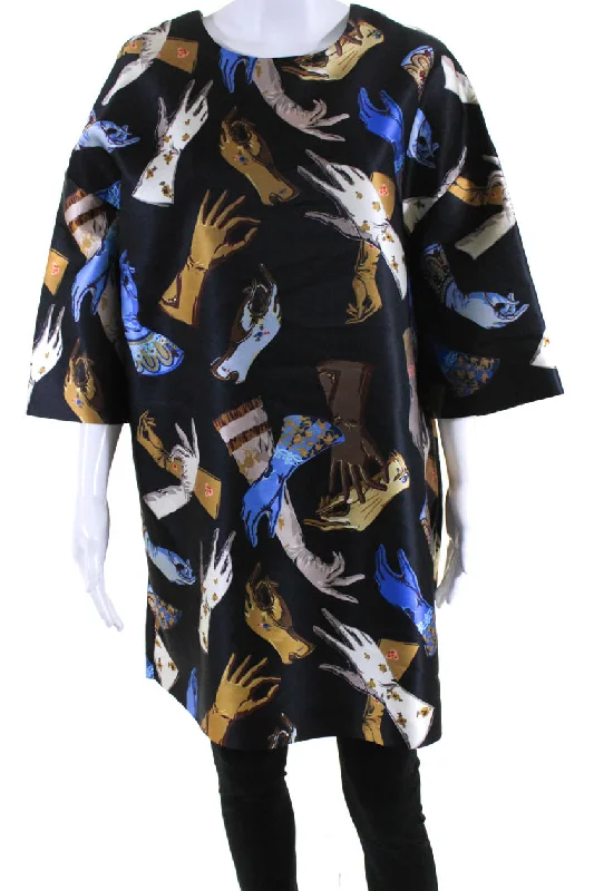 Rochas Womens Silk Blend Gloves Print 2015 Dress Black Multi Colored Chic unclassified dresses