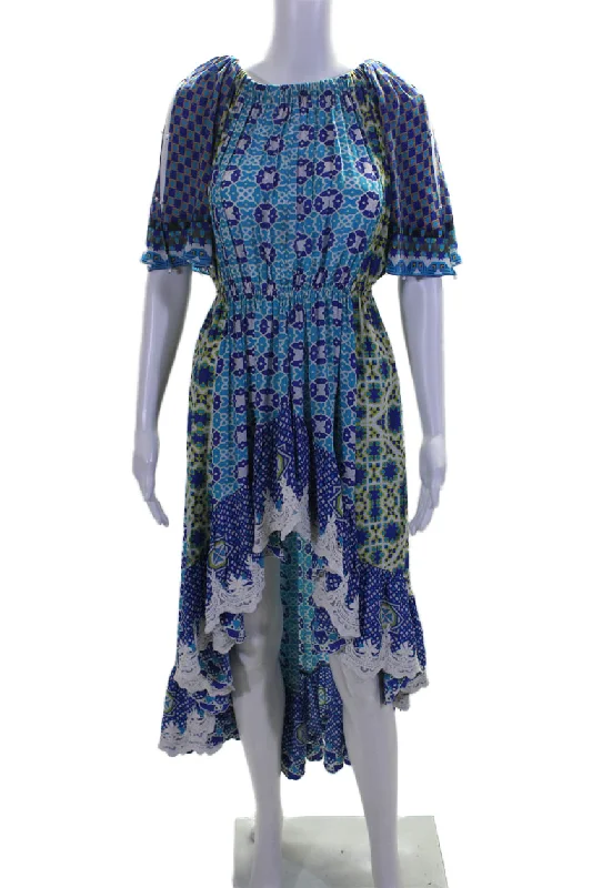 Rococo Sand Womens Silk Blue Printed Off Shoulder Hi-Low Dress Ruched unclassified dresses