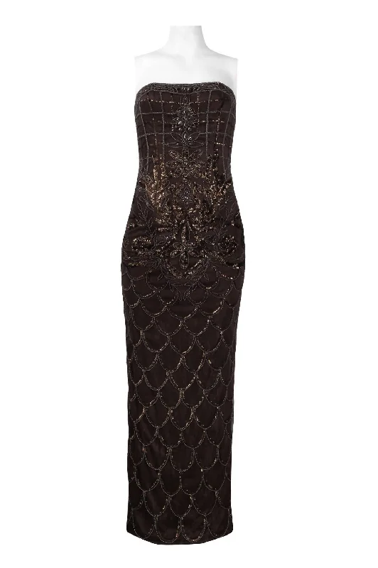 Strapless Beaded Scalloped Evening Dress In Chocolate Ruffled unclassified dresses