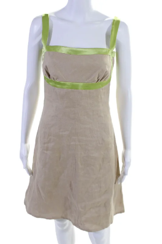 Valentino Womens Linen Sleeveless A Line Knee Length Dress Beige Lime Green Dark color unclassified dresses