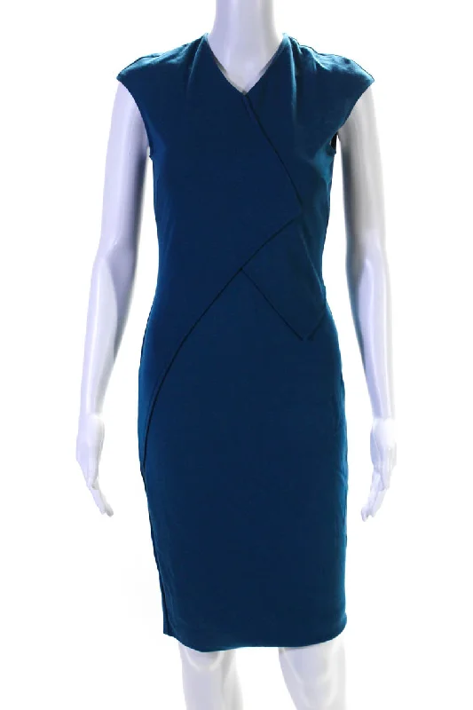 Victoria Victoria Beckham Womens Cap Sleeve V Neck Sheath Dress Blue Breathable unclassified dresses