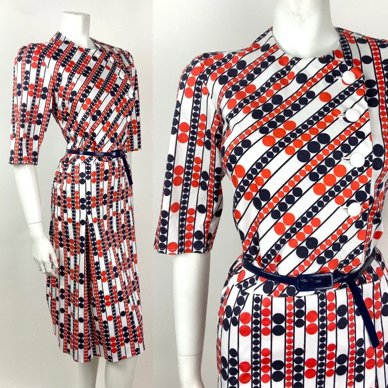 VINTAGE 60s 70s WHITE BLUE RED DOTTY STRIPED BELTED MOD DRESS 10 12 High-low unclassified dresses