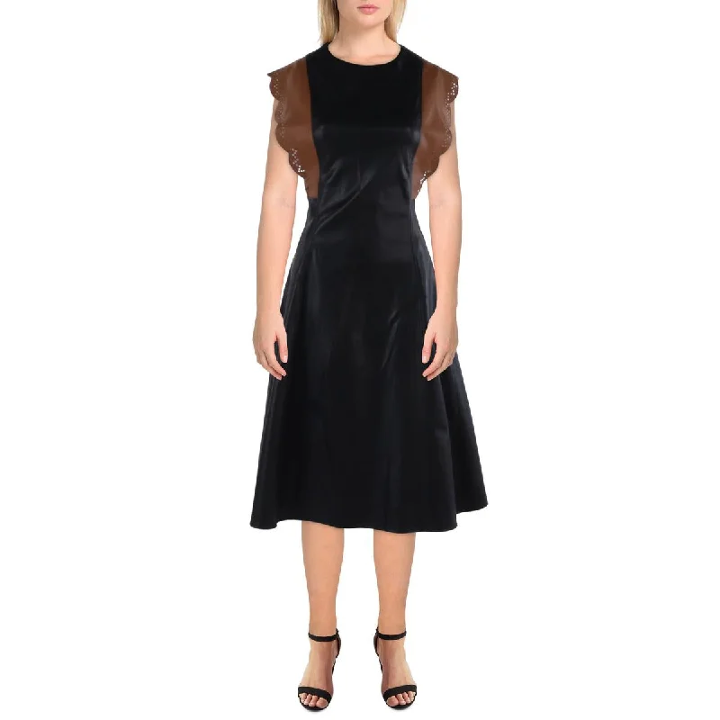 Womens Faux Leather Colorblock Midi Dress Tulle Midi Skirt