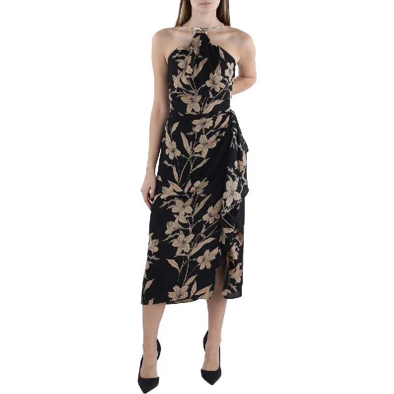 Womens Floral Print Midi Halter Dress Midi Skirt Dress