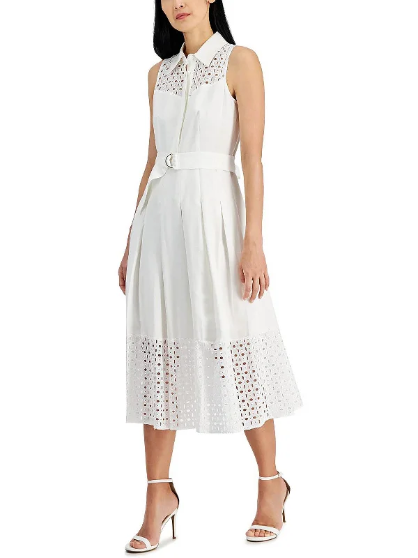 Womens Linen Blend Eyelet Midi Dress High-Waisted Midi Skirt