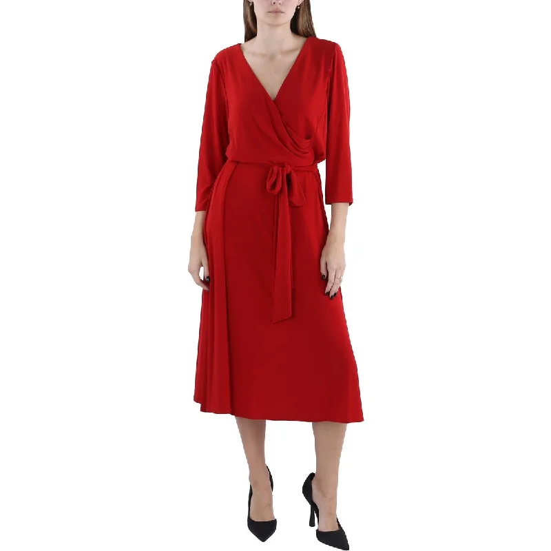 Womens Surplice 3/4 Sleeve Midi Dress Casual A-line Skirt