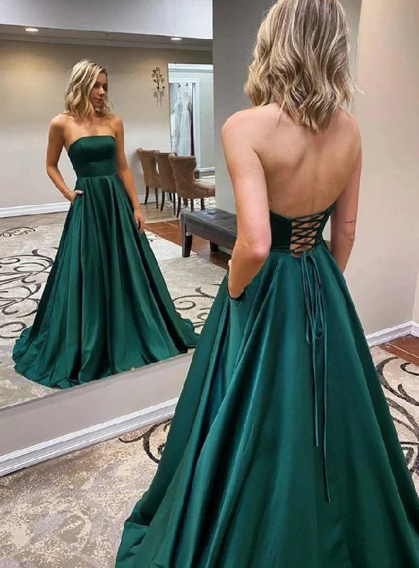 A Line Satin Strapless Hunter Long Prom Dresses Lace Up With Pockets,DS4085 Lace Dress Lace