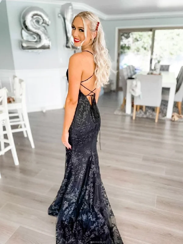 BLACK LACE MERMAID LONG PROM DRESS, BLACK LACE EVENING DRESS,DS3399 Elegant Lace Dress