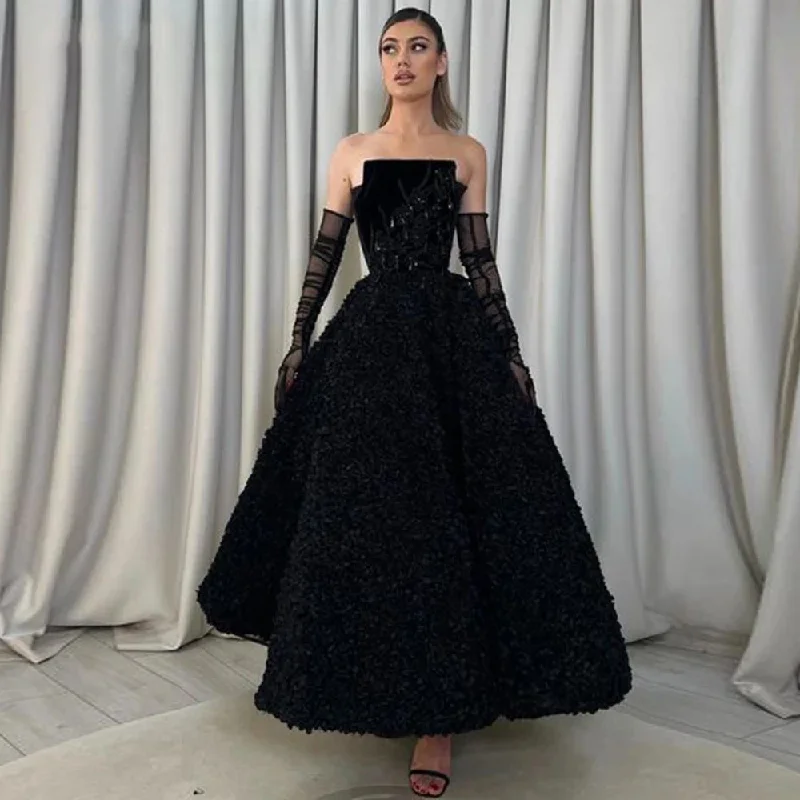 Black Satin Prom Dresses A-Line Women Boat Neck Lace Appliques Floor Length Evening Gowns Formal Occasion Robes De Soirée Ruffled Lace Dress