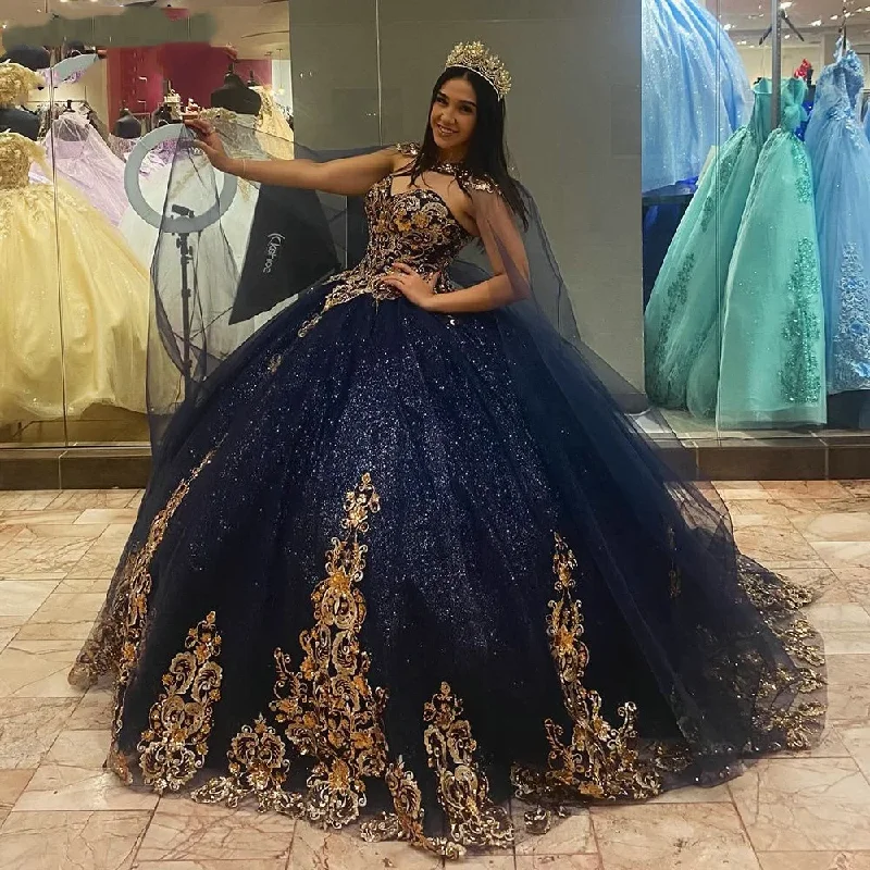 Blue Quincenara Dress 3D Flowers Applique Lace Ball Gown With Cape Corset Sweet 16 Vestidos De XV Años Tiered Lace Dress