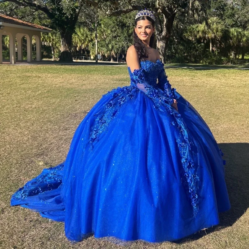 Blue Shiny Ball Gown Prom Dress Quinceanera Dress Sweetheart Beaded 3DFlowers Applique Lace Long Sleeved Formal Dresses vestidos Pink Lace Dress