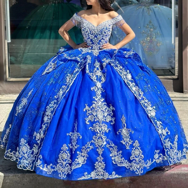 Blue Shiny Princess Quinceanera Dress Off Shoulder Lace Applique Beading Tull Corset Sweet 16 Vestidos De 15 Años Lace Dress Glam