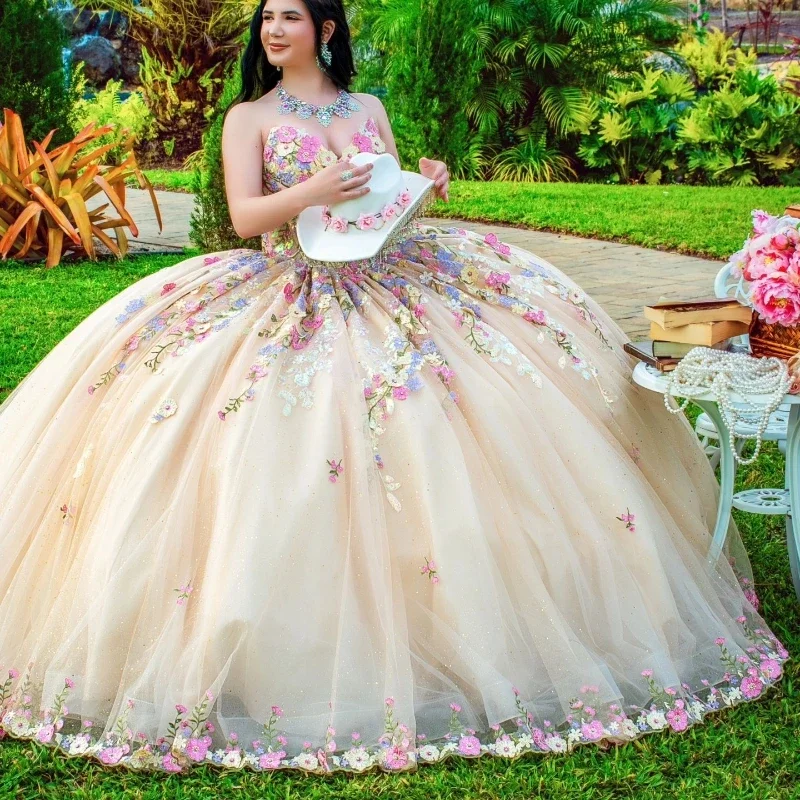 Champagne Quinceanera Dress Off The Shoulder Ball Gown Applique Lace Tull Sleeveless Sweet 16 Vestido De 15 Anos Lace Dress Party