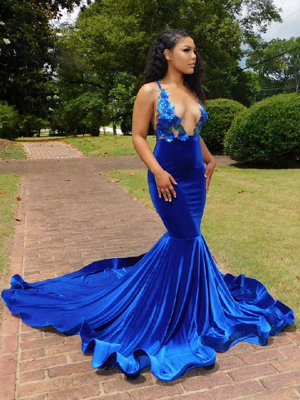 Charming Blue Spaghetti Straps V-neck Transparent lace Column Mermaid Prom Dresses,F04786 Off-the-shoulder Lace