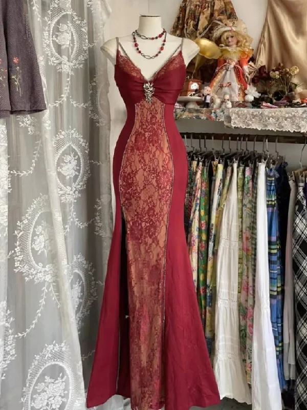 Charming Burgundy Lace Mermaid Evening Dress Straps Prom Dress Y7685 Lace Shift Dress