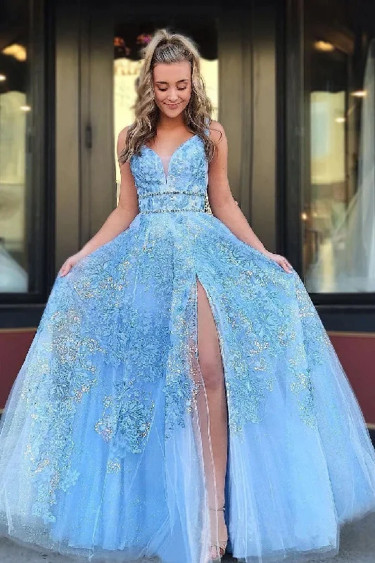 Elegant A Line Lace Appliques Blue V Neck Prom Dresses, Long Evening Dresses,DS4478 Full Lace Dress