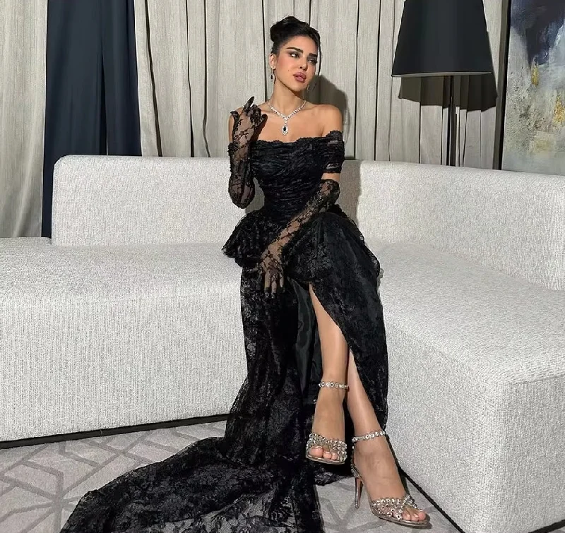 Elegant Lace Saudi Arabia Prom Dresses Strapless Off Shoulder Evening Gown Split Formal Occasion Dress with Gloves Lace Skater Dress