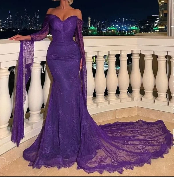 Elegant Off The Shoulder Purple Lace Mermaid Prom Dress Long Evening Dress Y7696 Lace Dress Set